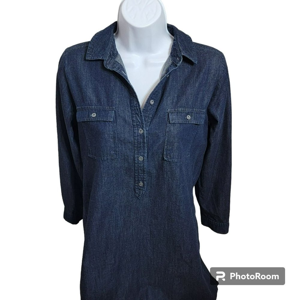 Loft Tunic Top, Women PS,  Blue Denim, Roll Tab, 1/4 Button, Cotton/Silk,  EUC